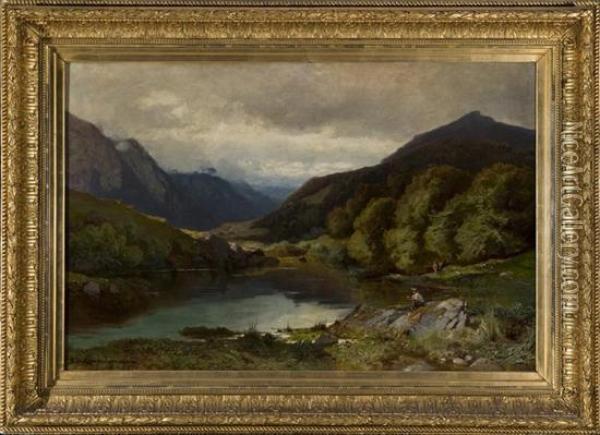 A Mountainous Landscape With Pond And Figures Oil Painting - Friedrich Zimmermann