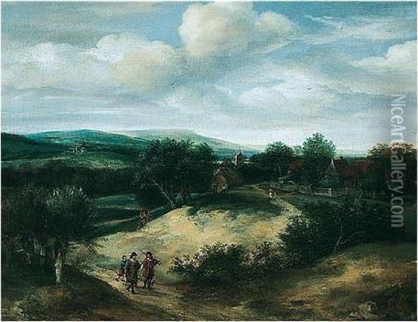 An Open Landscape With Huntsmen On A Track Before A Village Oil Painting - Jacob I Koninck