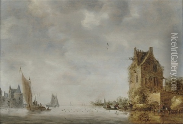 A River Landscape With Fishermen Attending Their Nets Oil Painting - Frans de Hulst