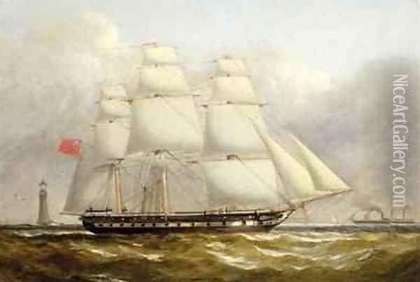 A Frigate off the Eddystone Lighthouse Oil Painting - Henry A. Luscombe