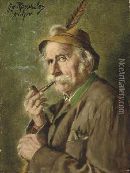 Bavarian Figure Smoking A Pipe Oil Painting - Georg Roessler