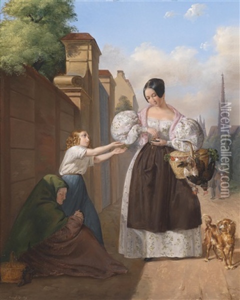Die Milde Gabe, Im Hintergrund Der Stephansdom Oil Painting - Heinrich August Mansfeld