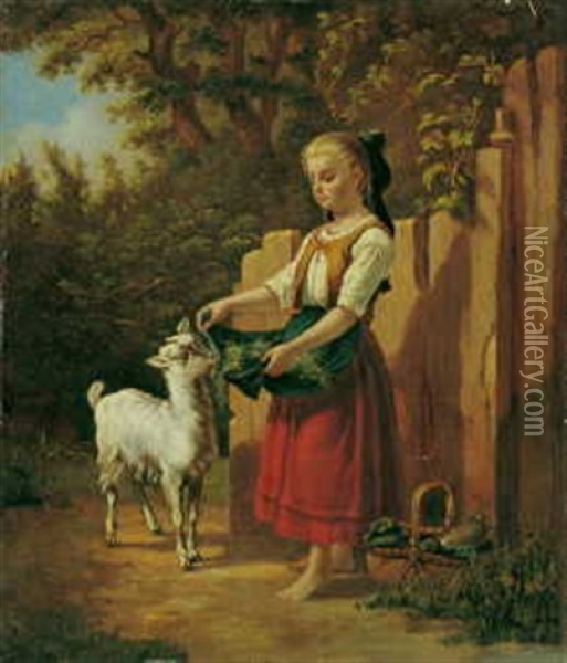 Junges Madchen Eine Ziege Futternd Oil Painting - Hermann Werner