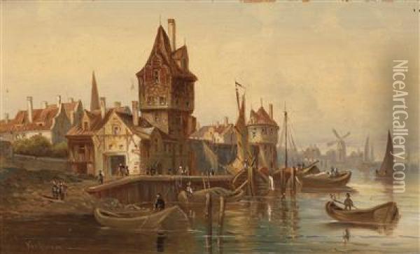 Dutch Harbour Promenade Oil Painting - Ludwig Herrmann