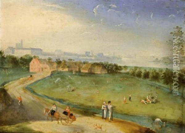 An Extensive Landscape With Figures On A Meadow Near A Stream, A Horse-drawn Cart In The Foreground Oil Painting - Jacob Grimmer