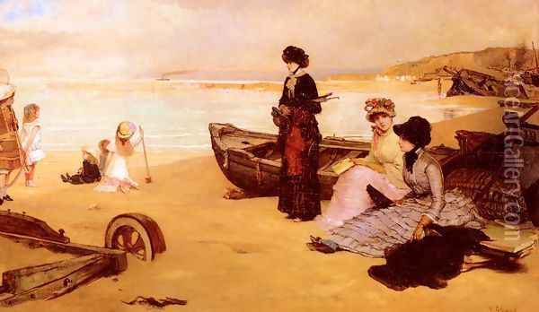 A Summer's Afternoon at the Beach Oil Painting - Vicente Palmaroli Y Gonzalez