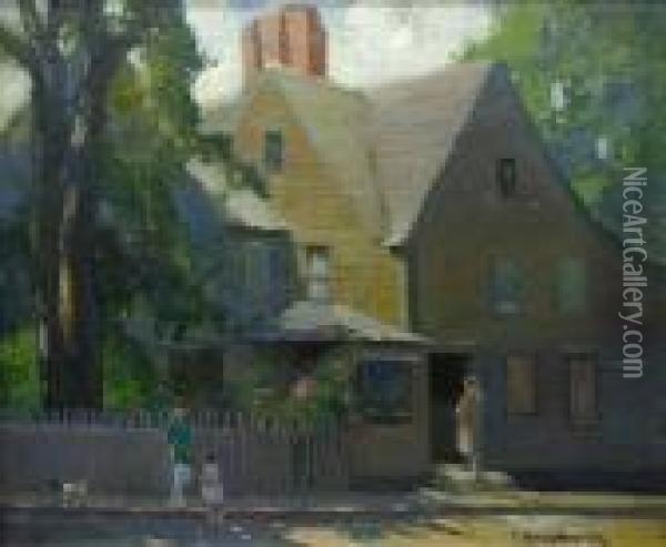 Figures And Terrier Outside
Midwestern Home Oil Painting - George Ames Aldrich