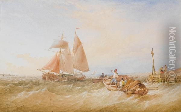 A Dutch Hoy Close Inshore, With Cargo Comingaboard Oil Painting - Thomas Sewell Robins