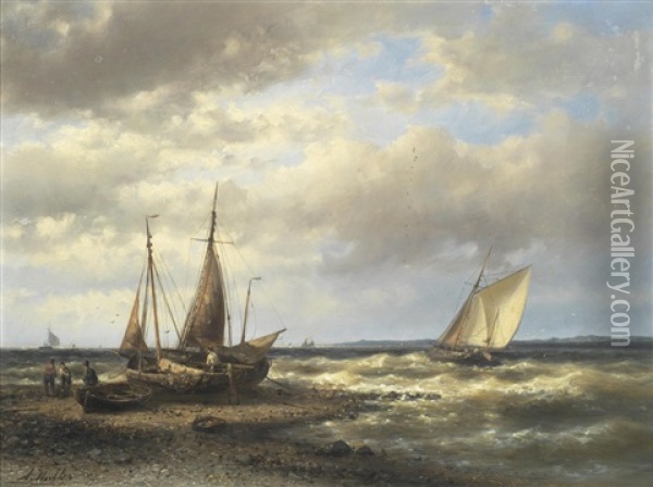 Mending The Nets Ashore On A Blustery Day Oil Painting - Abraham Hulk the Elder
