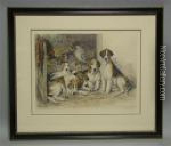6 Hounds And A Jack Russell Oil Painting - John Emms