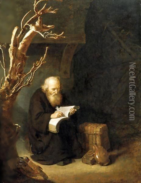A Hermit Writing In His Book Oil Painting - Abraham de Pape