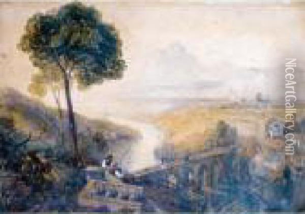 Two Designs For The Back Drop At
 Sunderland Theatre - Figures On A Hillside Above A Bridge, Mountains 
Beyond; Figures By A River, Mountains Beyond Oil Painting - William James Callcott