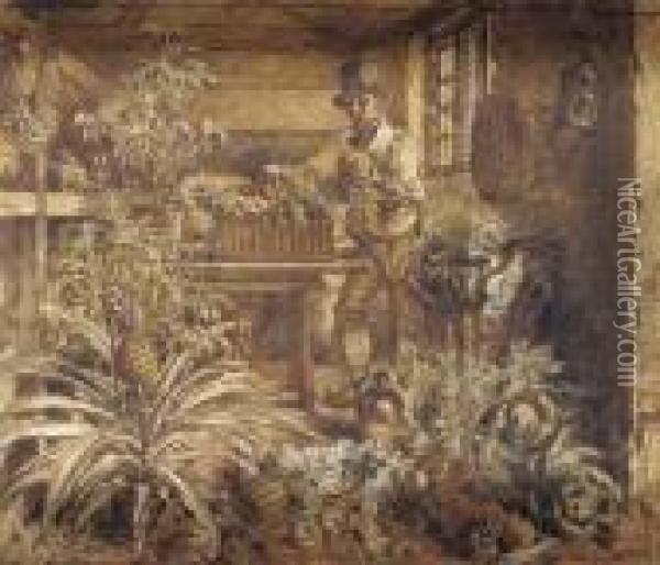 A Gardener In His Potting Shed Oil Painting - William Henry Hunt