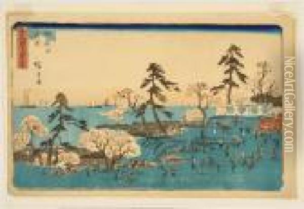 Figures Picnicking Beneath Cherry Trees. Oil Painting - Utagawa or Ando Hiroshige
