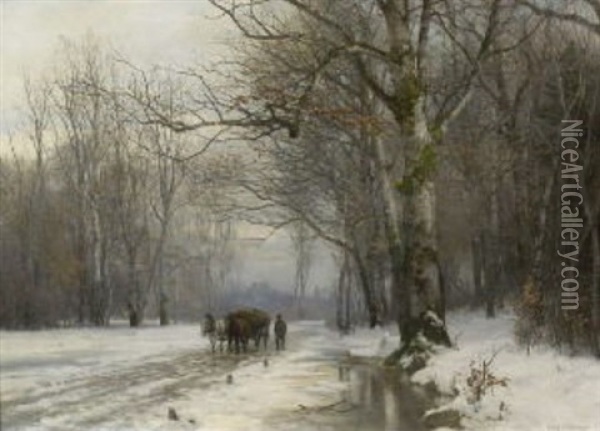 Bauer Mit Pferdefuhrwerk Im Winterlichen Birkenwald Oil Painting - Anders Andersen-Lundby