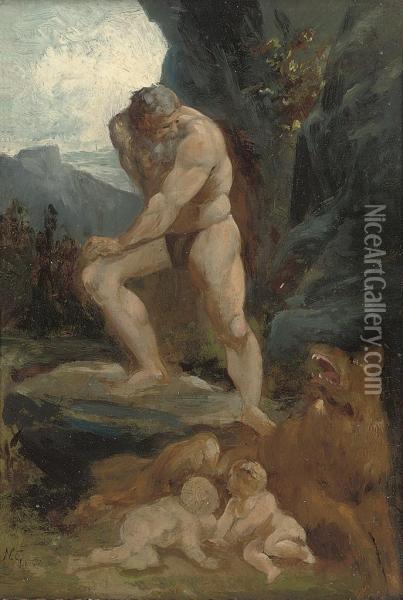 Faustulus Happening Upon Romulus And Remus Suckling On A She-wolf Oil Painting - Nicholas Gysis