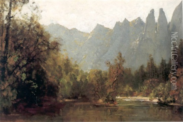 Cathedral Spires From Along The Merced, Yosemite Valley Oil Painting - Thomas Hill