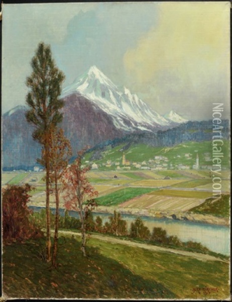Berglandschaft Mit Dorfansicht Und Schneebedeckten Gipfeln Oil Painting - Alexander Kircher