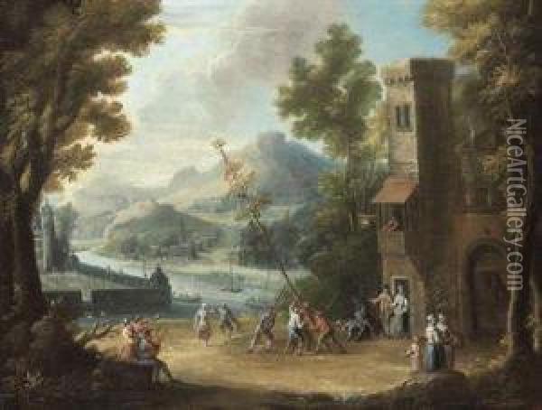 The Raising Of The Maypole Outside A City Gate Near A River Oil Painting - Dominique Joseph Van Der Burch