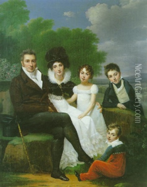 Portrait De Famille Sur Fond De Paysage Oil Painting - Ange-Rene Ravault