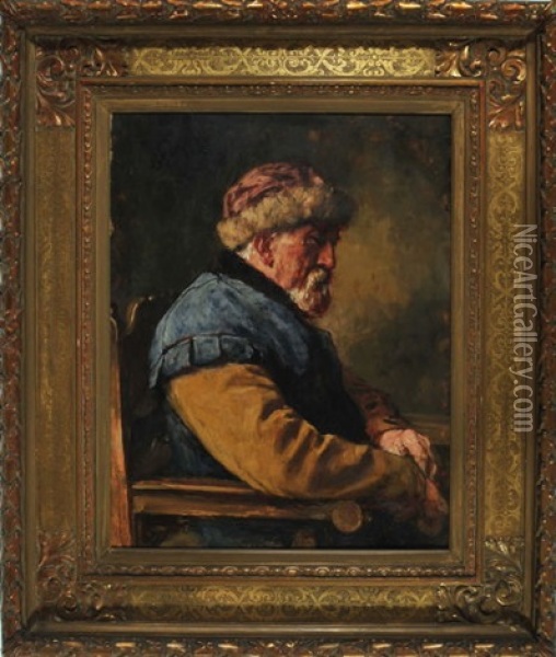Sitzender Mann Mit Pelzmutze Auf Einem Holzstuhl Im Profil Oil Painting - Eduard (Karl-Franz) von Gebhardt
