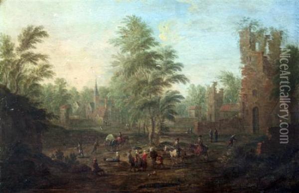 Figures And Horseriders In A Landscape With A Town Beyond Oil Painting - Johann Christian Vollerdt or Vollaert