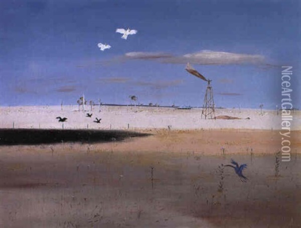 Wimmera With Wind Pump And Cockatoos In Flight Oil Painting - Arthur Merric Boyd