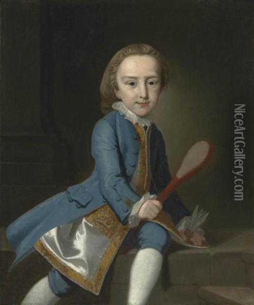 Portrait Of A Child, 
Three-quarter-length, With A Badminton Racquet And Shuttlecock, A Column
 Beyond Oil Painting - Thomas Hudson