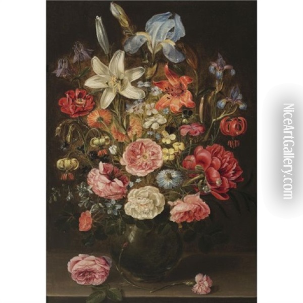 A Still Life Of Lilies, Roses, Iris, Pansies, Columbine, Love-in-a-mist, Larkspur And Other Flowers In A Glass Vase On A Table Top, Flanked By A Rose And A Carnation Oil Painting - Clara Peeters