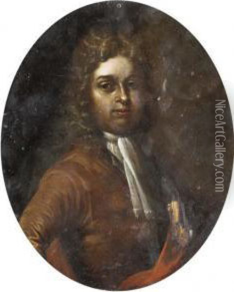 Portrait Of A Gentleman, Half-length, In A Brown Coat Oil Painting - Heroman Van Der Mijn