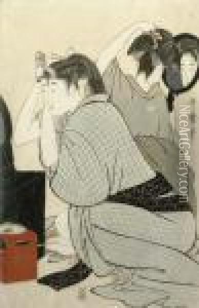 Two Beauties Dressing Oil Painting - Kitagawa Utamaro