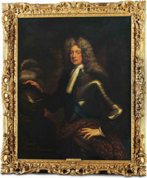 Portrait Of An Officer, 
Traditionally Identified As John, 1st Duke Of Marlborough (1650-1722), 
Three-quarter-length, In Armour With The Sash Of The Garter, His Right 
Hand On A Plumed Helmet Oil Painting - Sir Godfrey Kneller