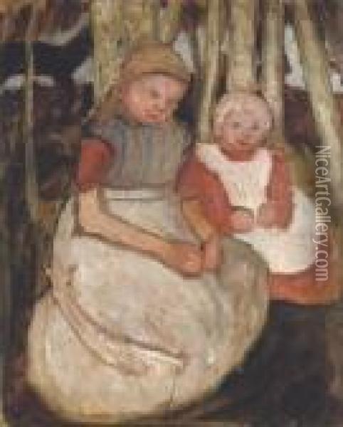 Zwei Sitzende Madchen Vor Birkenstammen Oil Painting - Paula Modersohn-Becker
