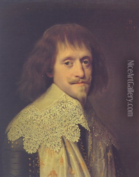 Portrait Of A Gentleman, Wearing A Lace Collar And The White Sash Of The French Regiment, With The Gold Flames Of The Saint-esprit Oil Painting - Paulus Moreelse