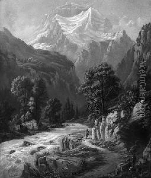 Gebirgslandschaft. Oil Painting - Gustave Amberger
