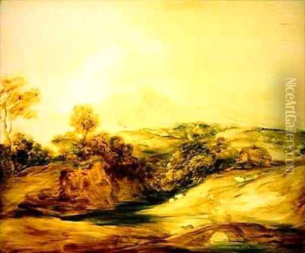 Wooded River landscape with figures on a bridge Oil Painting - Thomas Gainsborough