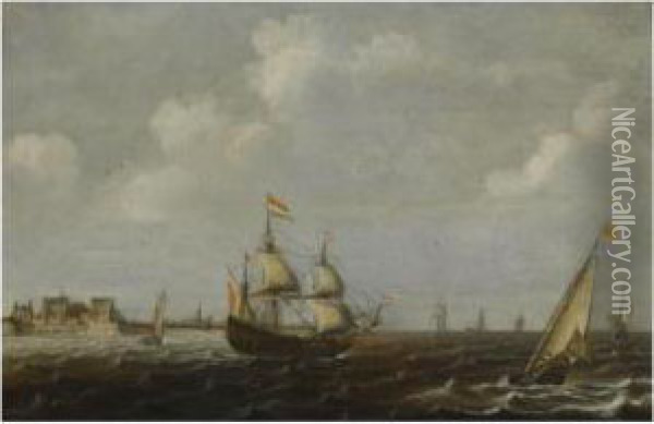 A Dutch Threemaster And Other Shipping In Choppy Waters, A View Offort Rammekens Off The Coast Of Vlissingen In The Background Oil Painting - Claes Claesz. Wou