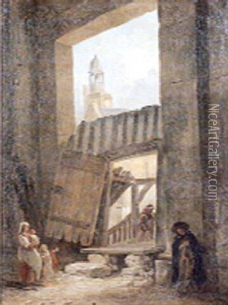 Personnages Dans Un Interieur Avec Vue Sur Le Clocher D'une Eglise Oil Painting - Hubert Robert