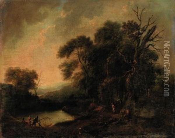 A Wooded River Landscape With Fisherfolk On A Bank Oil Painting - Johann Christian Vollerdt or Vollaert
