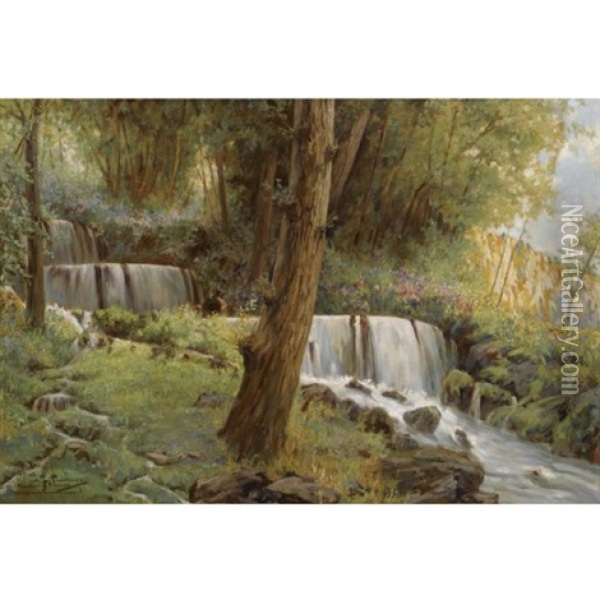 Cascada De Los Fresnos - Waterfall At Los Fresnos Oil Painting - Francisco Pradilla y Ortiz