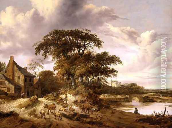 River Landscape with a Farmstead Oil Painting - Gerrit van Hees