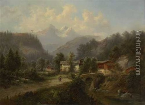 Bauernhauser Am Gebirgsbach Oil Painting - Gustav Barbarini