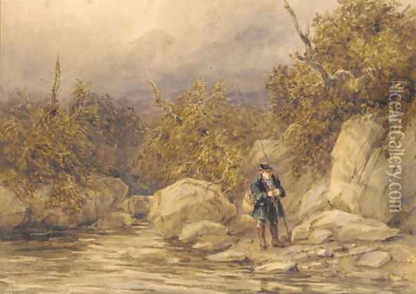 A fisherman at the edge of a river, North Wales Oil Painting - David Cox