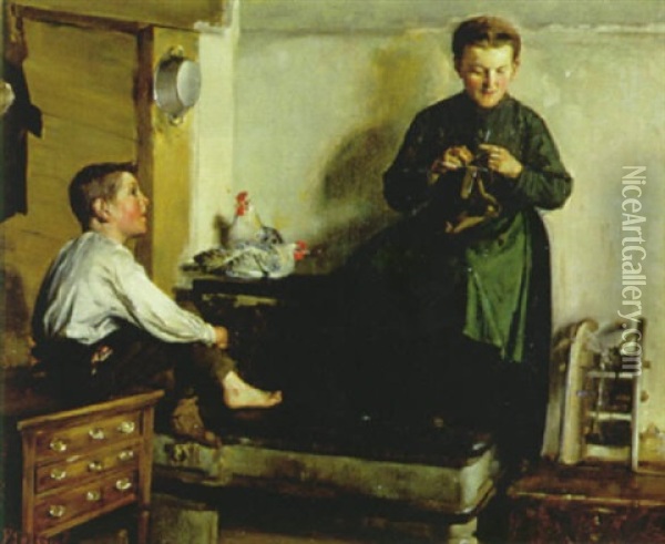Strickende Mutter Mit Sohn Beim Ofen Oil Painting - Fritz (Friedrich) Stirnimann