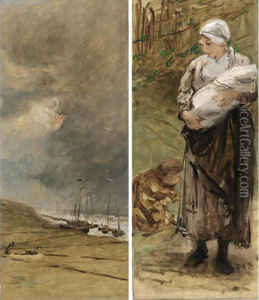 Mother And Child In The Dunes; Bomschuiten In The Breakers (a Pair) Oil Painting - Bernardus Johannes Blommers