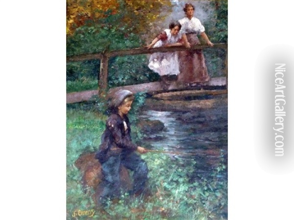Boy Fishing By A River With Two Women Looking On From A Wooden Bridge Oil Painting - John Emms