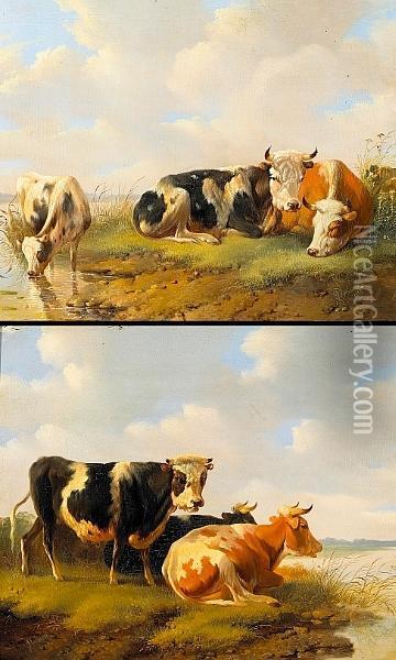 Cattle Resting At The Water's 
Edge; Also A Companion Painting Of The Same Subject (a Pair) Oil Painting - Albertus Verhoesen