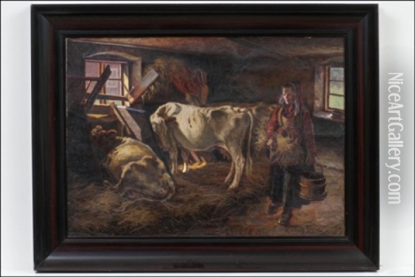 Navetassa - I Ladugarden Oil Painting - Rudolf Loenne
