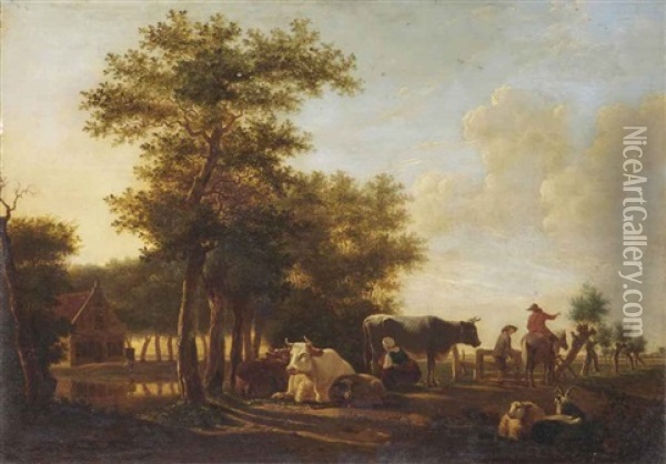 A Pastoral Scene With Peasants And Their Cattle Oil Painting - Gillis Smak Gregoor