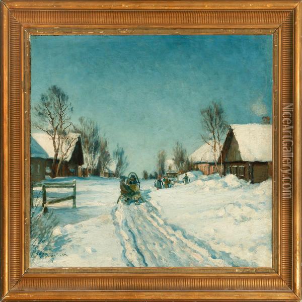 Winter In A Russian Village Oil Painting - Mikhail Abramovich Balunin